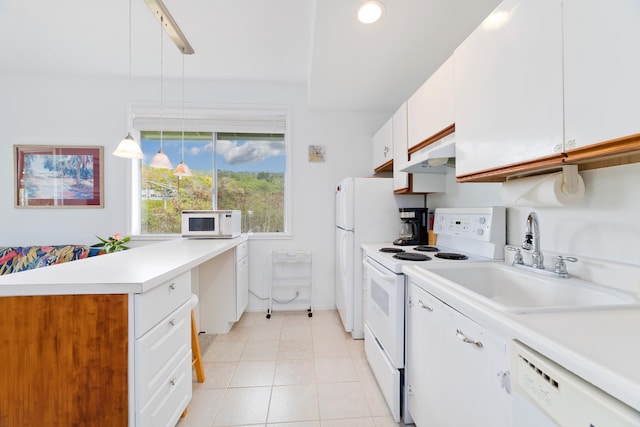 kitchen featuring a sink, under cabinet range hood, white appliances, white cabinetry, and light countertops