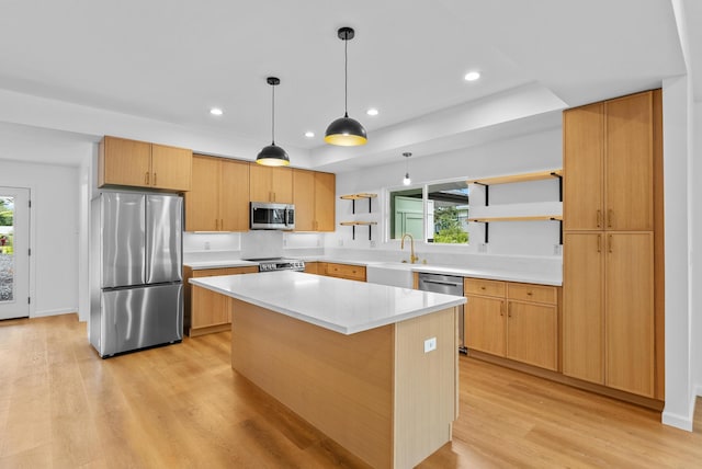 kitchen with appliances with stainless steel finishes, open shelves, light wood-style flooring, plenty of natural light, and recessed lighting