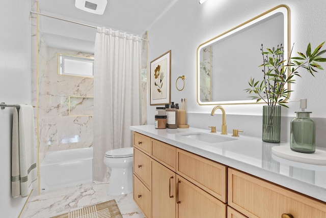 full bath with toilet, vanity, marble finish flooring, and shower / tub combo with curtain
