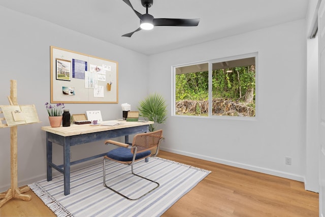 office space with wood finished floors, ceiling fan, and baseboards