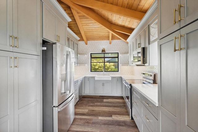 kitchen with a sink, decorative backsplash, stainless steel appliances, light countertops, and wood ceiling