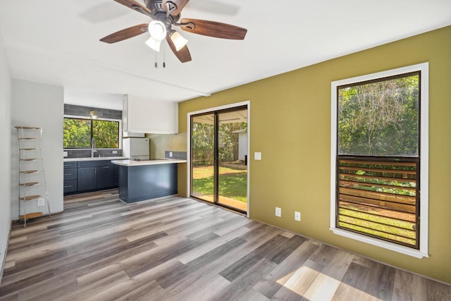 unfurnished living room featuring ceiling fan, wood finished floors, and a healthy amount of sunlight