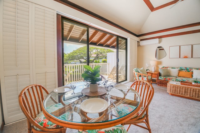2253 Poipu Rd Unit 148, Koloa, HI 96756 - dining space with a wall unit AC, lofted ceiling, and carpet flooring