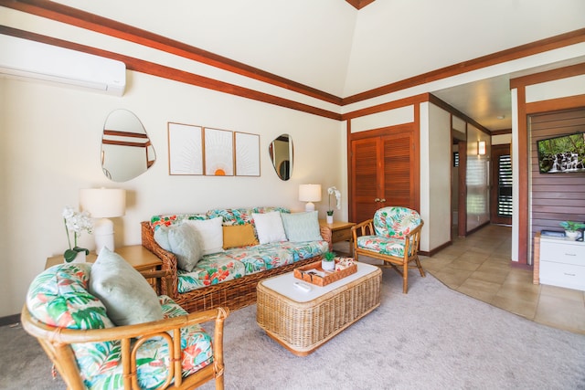 2253 Poipu Rd Unit 148, Koloa, HI 96756 - living room with an AC wall unit, carpet, baseboards, a towering ceiling, and tile patterned flooring