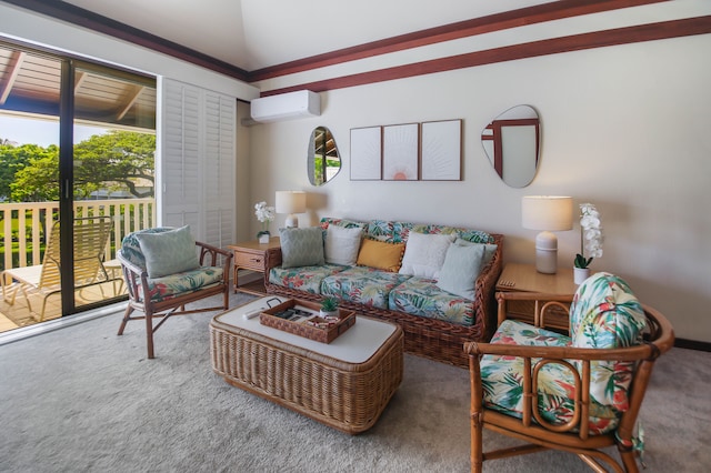 2253 Poipu Rd Unit 148, Koloa, HI 96756 - carpeted living area featuring a wall mounted AC, healthy amount of natural light, and vaulted ceiling