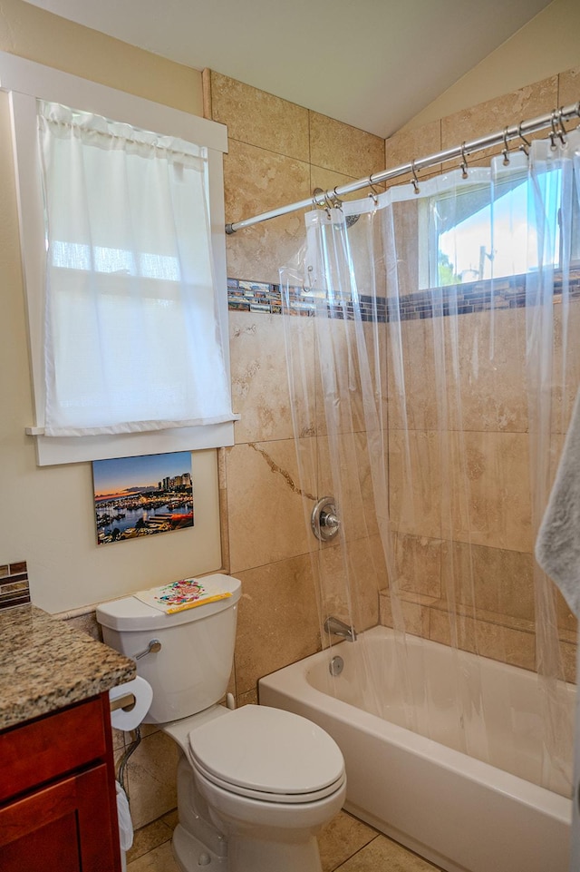bathroom with toilet, vaulted ceiling, tile patterned flooring, shower / bathtub combination with curtain, and vanity