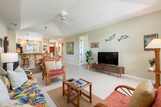 69-200 Pohakulana Pl Unit A31, Waikoloa, HI 96738 - living area featuring ceiling fan, lofted ceiling, light tile patterned flooring, and baseboards