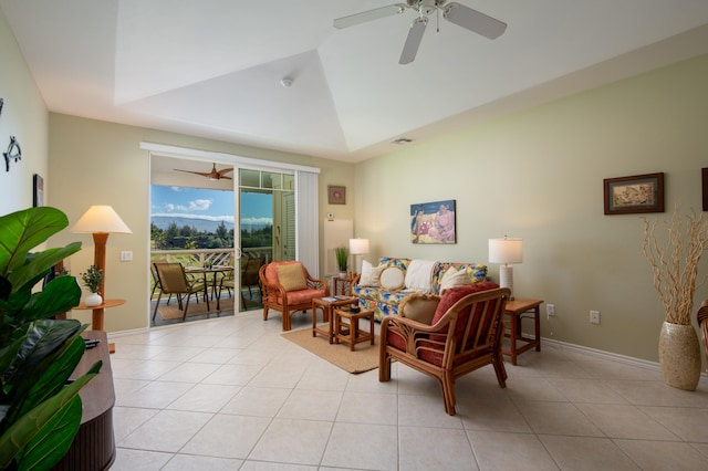69-200 Pohakulana Pl Unit A31, Waikoloa, HI 96738 - living area featuring ceiling fan, light tile patterned flooring, a tray ceiling, and lofted ceiling