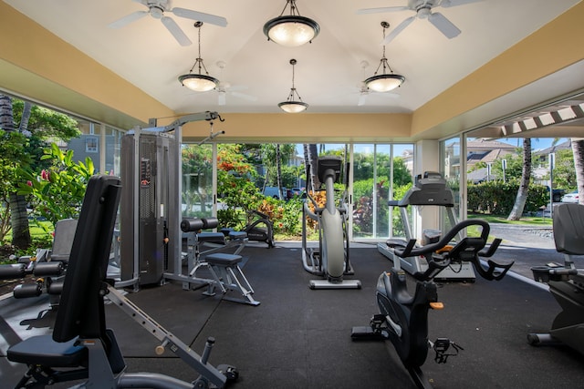 69-200 Pohakulana Pl Unit A31, Waikoloa, HI 96738 - gym featuring ceiling fan, plenty of natural light, and vaulted ceiling