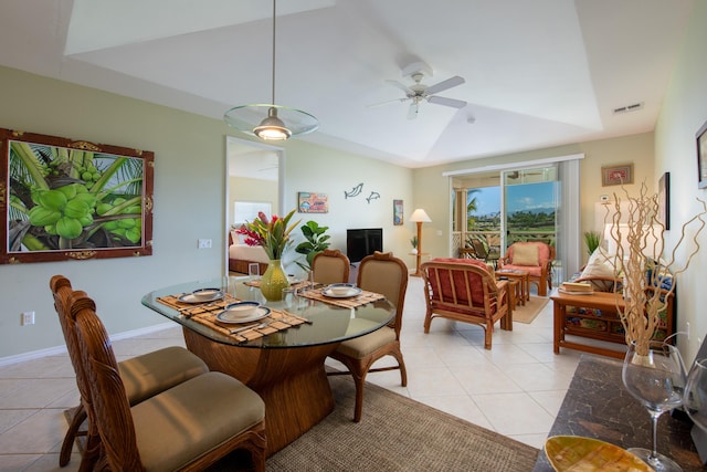 69-200 Pohakulana Pl Unit A31, Waikoloa, HI 96738 - dining room with light tile patterned flooring, a ceiling fan, lofted ceiling, and a raised ceiling