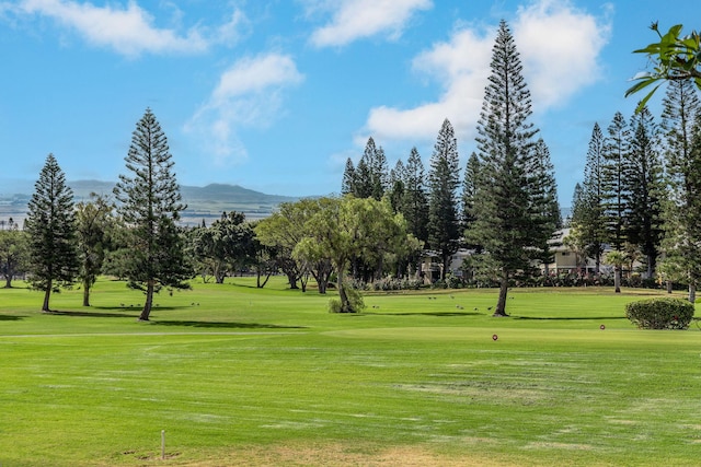 view of home's community with a mountain view, a yard, and view of golf course