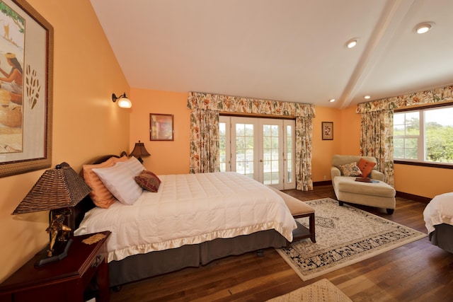 bedroom with access to outside, wood finished floors, vaulted ceiling with beams, and french doors