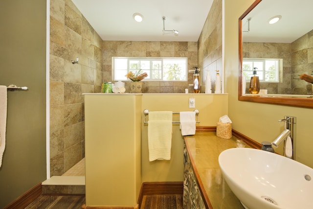 bathroom with baseboards, a sink, and a walk in shower