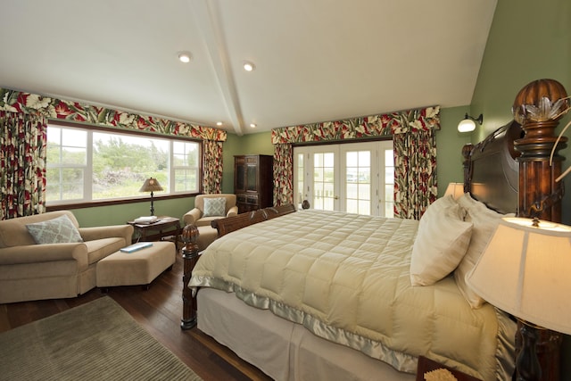 bedroom featuring lofted ceiling with beams, french doors, wood finished floors, and access to exterior