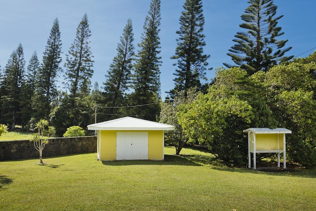 view of yard featuring a storage shed and an outbuilding