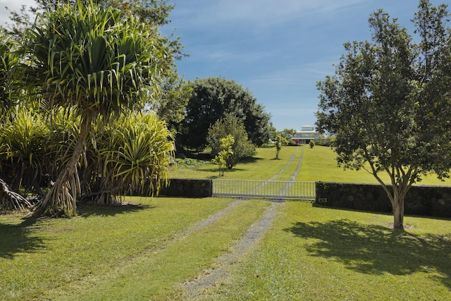 surrounding community with a lawn, a gate, dirt driveway, and fence