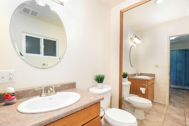 bathroom featuring toilet, visible vents, tile patterned flooring, and vanity