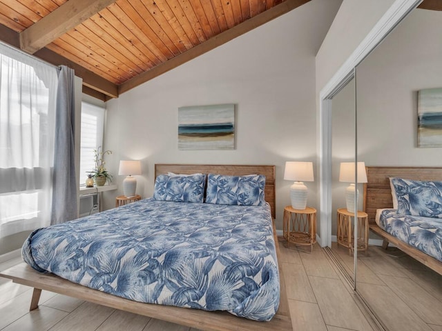 bedroom with wooden ceiling and a closet