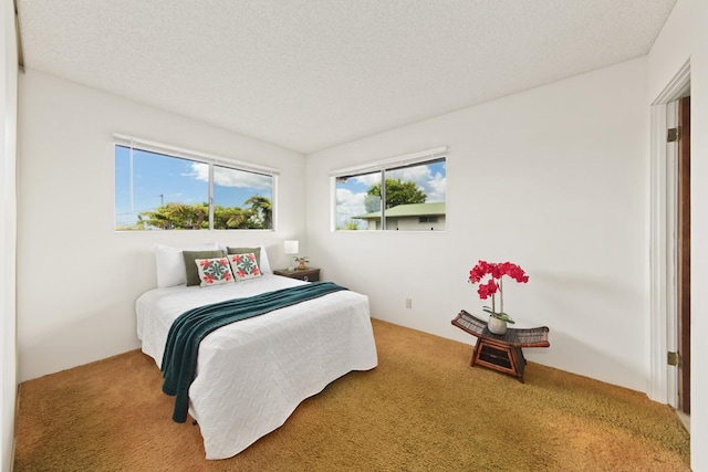 carpeted bedroom with a textured ceiling