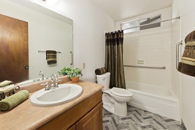 bathroom with toilet, shower / bath combo, and vanity