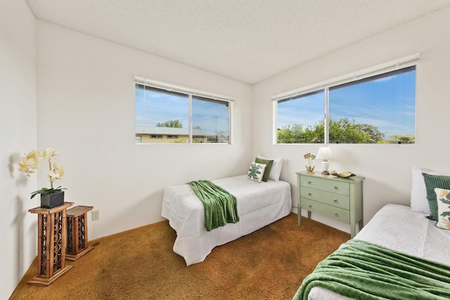 carpeted bedroom with a textured ceiling