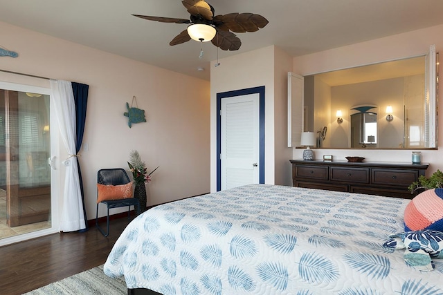 bedroom with ceiling fan and wood finished floors
