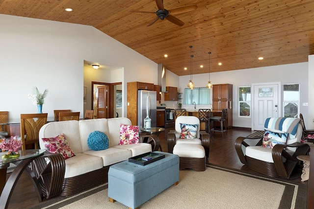 living room with ceiling fan, wood finished floors, wooden ceiling, high vaulted ceiling, and recessed lighting