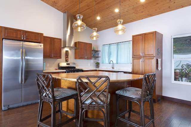 kitchen with light countertops, high vaulted ceiling, stainless steel appliances, and wood ceiling