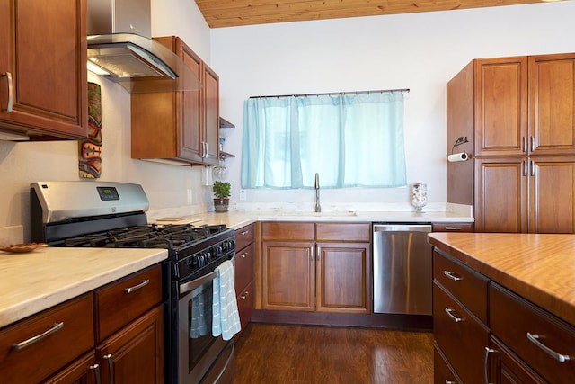 kitchen with light countertops, a sink, exhaust hood, and stainless steel appliances