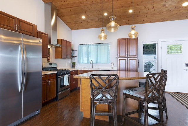 kitchen with a kitchen breakfast bar, a sink, wooden ceiling, stainless steel appliances, and wall chimney exhaust hood