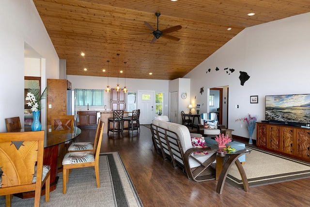 living room featuring dark wood-style flooring, ceiling fan, high vaulted ceiling, recessed lighting, and wood ceiling