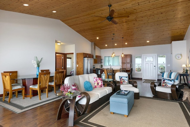 living area with ceiling fan, wood ceiling, high vaulted ceiling, and wood finished floors