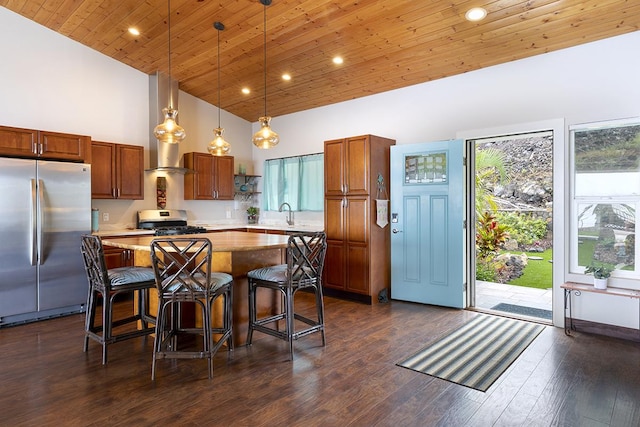 kitchen featuring high vaulted ceiling, a center island, wooden ceiling, hanging light fixtures, and stainless steel appliances