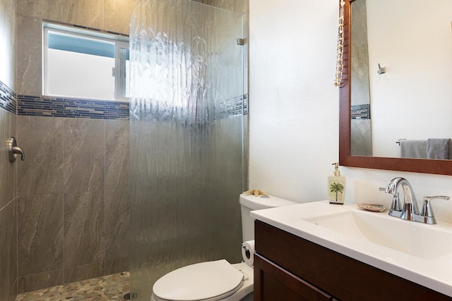 bathroom featuring vanity, a stall shower, and toilet