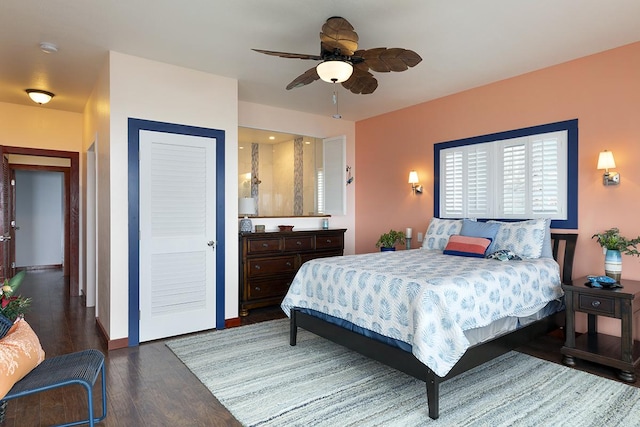 bedroom featuring baseboards, ceiling fan, and wood finished floors