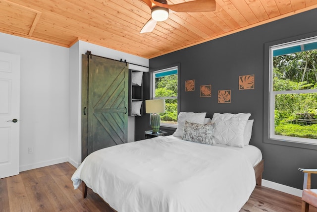 bedroom featuring wood ceiling, a barn door, multiple windows, baseboards, and wood finished floors