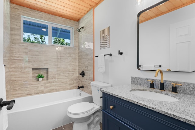 bathroom with wooden ceiling, toilet, tub / shower combination, and vanity