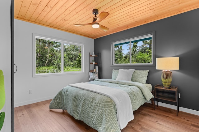 bedroom featuring wooden ceiling, wood finished floors, baseboards, and a ceiling fan