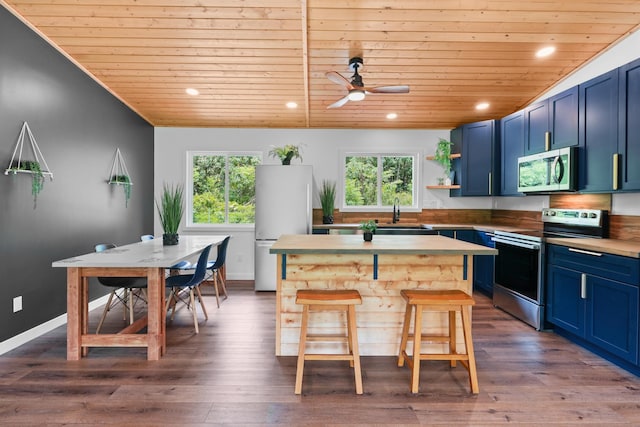 kitchen with stainless steel appliances, wood ceiling, blue cabinets, a center island, and recessed lighting