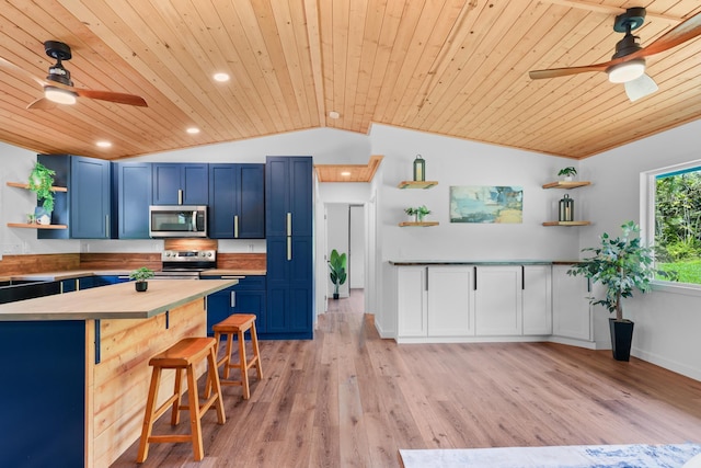 kitchen with open shelves, a ceiling fan, appliances with stainless steel finishes, blue cabinetry, and wooden ceiling