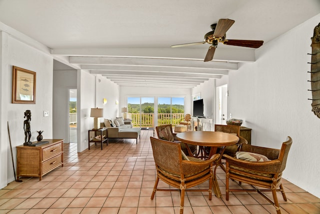 5366 Kumole St, Kapaa, HI 96746 - dining room featuring a ceiling fan, light tile patterned floors, and beamed ceiling