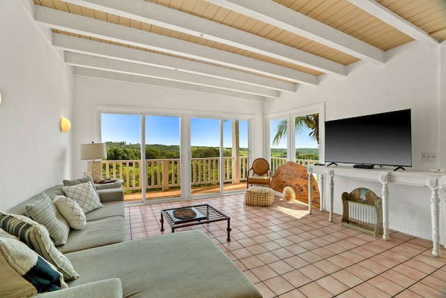 5366 Kumole St, Kapaa, HI 96746 - tiled living area featuring wooden ceiling, plenty of natural light, and beamed ceiling