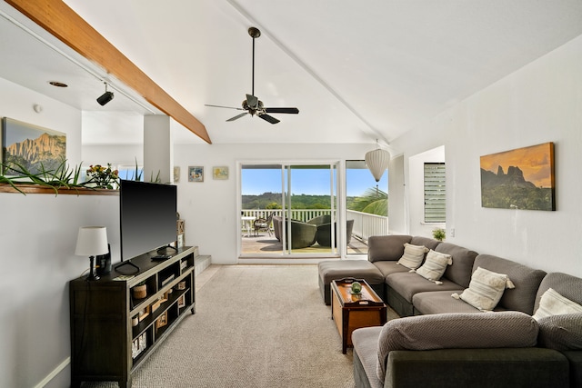 5366 Kumole St, Kapaa, HI 96746 - living room with carpet floors, ceiling fan, and vaulted ceiling with beams