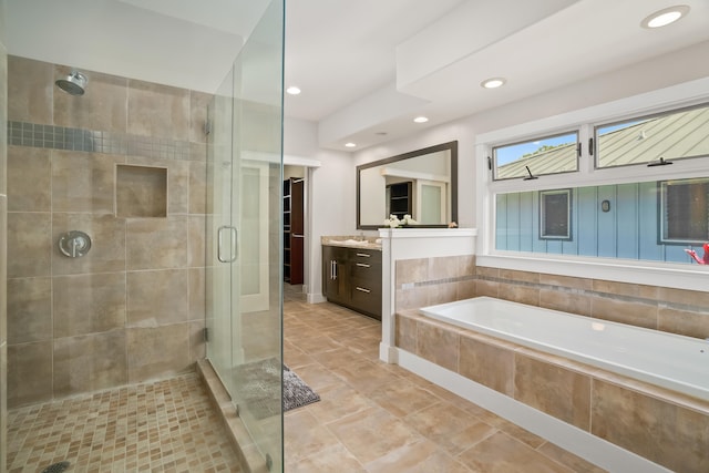 2326 Wiliko St, Lihue, HI 96766 - full bathroom featuring vanity, recessed lighting, a bath, tile patterned floors, and a shower stall