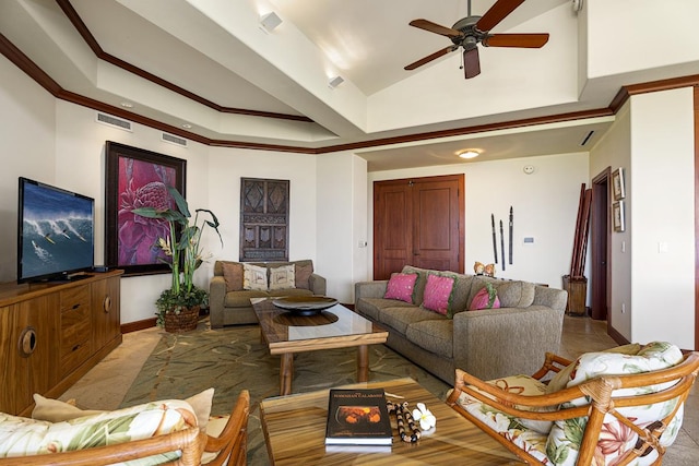 69-1000 Kolea Kai Cir Unit 3C, Waikoloa, HI 96738 - living area featuring baseboards, visible vents, a ceiling fan, and high vaulted ceiling