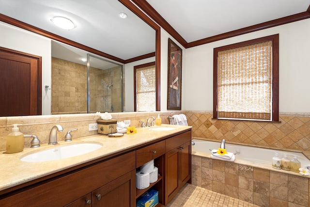 69-1000 Kolea Kai Cir Unit 3C, Waikoloa, HI 96738 - full bathroom featuring a garden tub, a shower stall, crown molding, and a sink