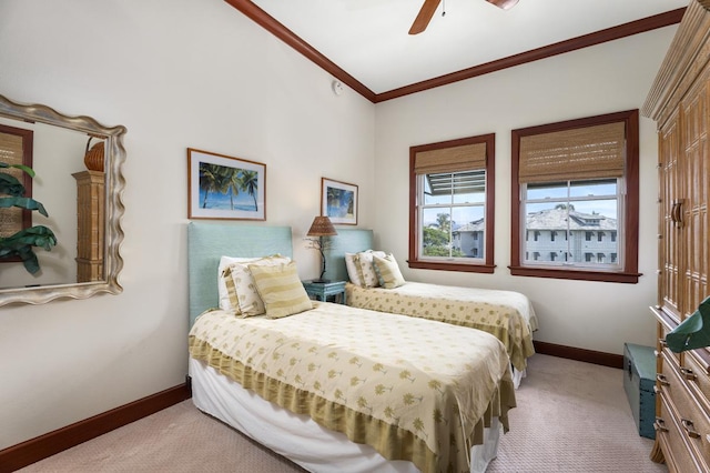 69-1000 Kolea Kai Cir Unit 3C, Waikoloa, HI 96738 - bedroom featuring baseboards, ornamental molding, a ceiling fan, and carpet floors