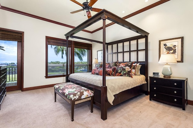 69-1000 Kolea Kai Cir Unit 3C, Waikoloa, HI 96738 - carpeted bedroom with recessed lighting, access to exterior, ornamental molding, baseboards, and a ceiling fan