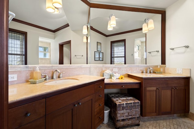 69-1000 Kolea Kai Cir Unit 3C, Waikoloa, HI 96738 - full bath featuring ornamental molding, tile walls, vanity, and decorative backsplash