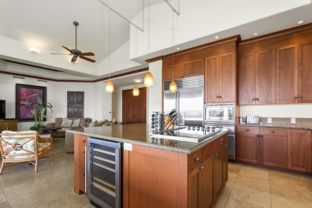 69-1000 Kolea Kai Cir Unit 3C, Waikoloa, HI 96738 - kitchen with beverage cooler, ceiling fan, built in appliances, a kitchen island, and recessed lighting